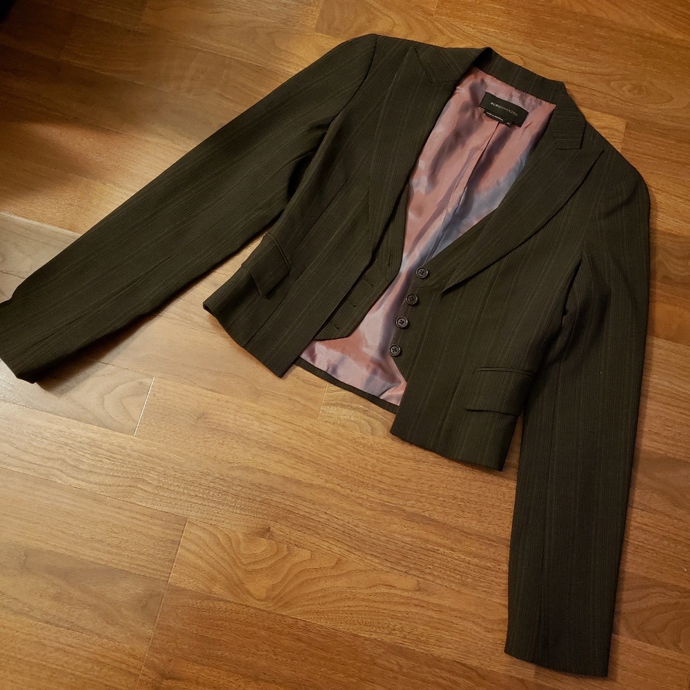 BCBG Black Pinstripe Blazer with Pink Interior